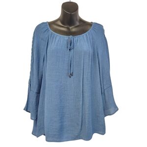 I.N. Studio Womens ¾ Bell Sleeve Crewneck Texture  Teal Blouse Size PXL